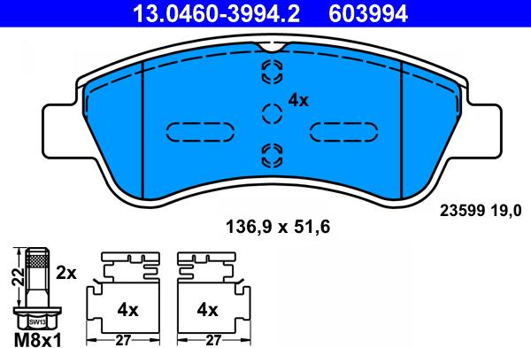 ATE 13.0460-3994.2 - Komplet kočnih obloga, disk kočnica www.parts5.com