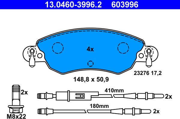 ATE 13.0460-3996.2 - Brake Pad Set, disc brake www.parts5.com