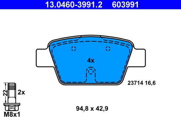 ATE 13.0460-3991.2 - Тормозные колодки, дисковые, комплект www.parts5.com