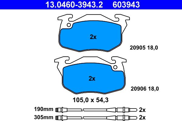 ATE 13.0460-3943.2 - Bremsbelagsatz, Scheibenbremse www.parts5.com