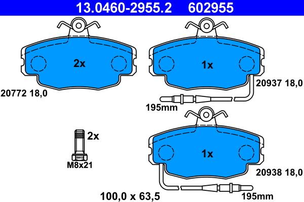 ATE 13.0460-2955.2 - Komplet pločica, disk-kočnica www.parts5.com