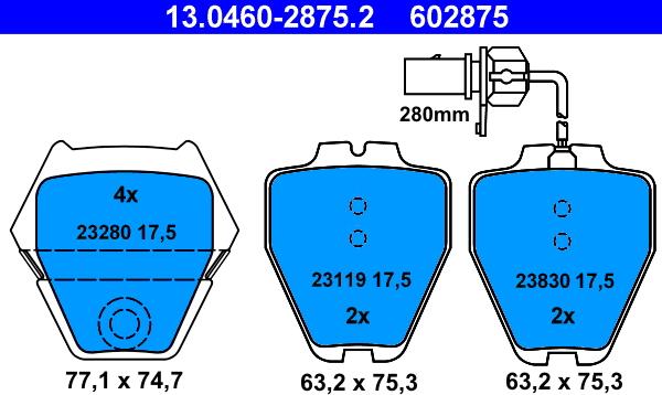 ATE 13.0460-2875.2 - Komplet zavornih oblog, ploscne (kolutne) zavore www.parts5.com