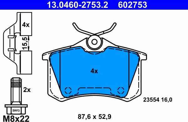 ATE 13.0460-2753.2 - Тормозные колодки, дисковые, комплект www.parts5.com