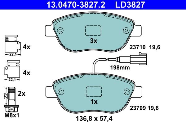 ATE 13.0470-3827.2 - Тормозные колодки, дисковые, комплект www.parts5.com