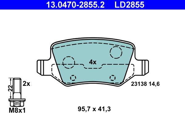 ATE 13.0470-2855.2 - Komplet zavornih oblog, ploscne (kolutne) zavore www.parts5.com