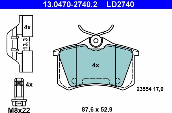 ATE 13.0470-2740.2 - Komplet zavornih oblog, ploscne (kolutne) zavore www.parts5.com