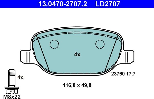 ATE 13.0470-2707.2 - Brake Pad Set, disc brake www.parts5.com