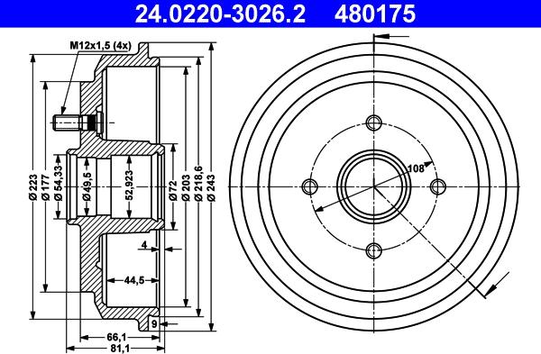 ATE 24.0220-3026.2 - Tambor de freno www.parts5.com