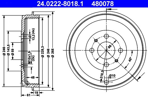 ATE 24.0222-8018.1 - Tambur frana www.parts5.com