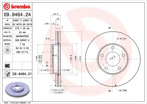 Brembo 09.9464.21 - Тормозной диск www.parts5.com