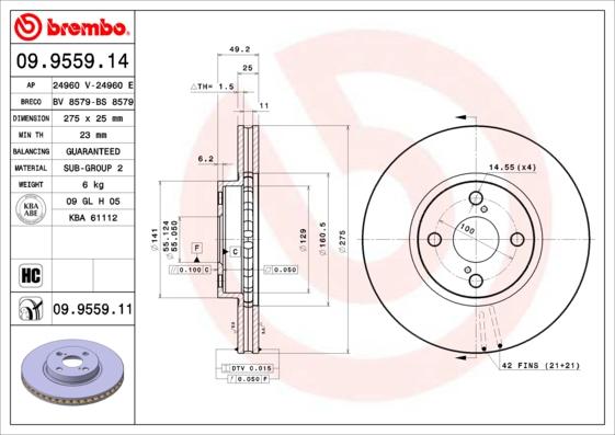 Brembo 09.9559.11 - Тормозной диск www.parts5.com