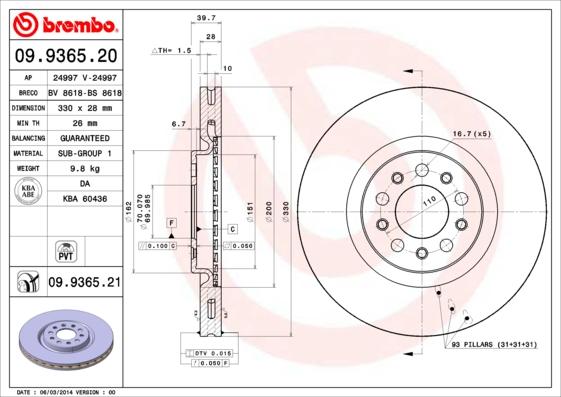 Brembo 09.9365.21 - Тормозной диск www.parts5.com