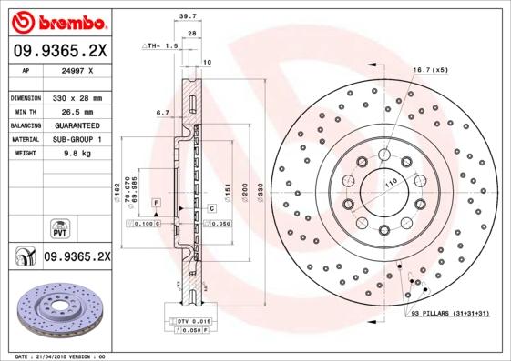Brembo 09.9365.2X - Тормозной диск www.parts5.com