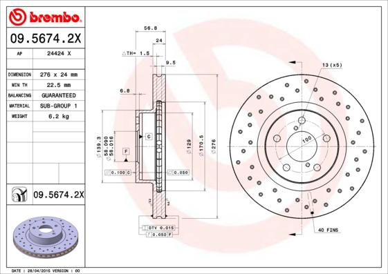 Brembo 09.5674.2X - Δισκόπλακα www.parts5.com