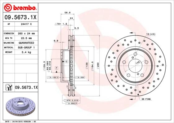 Brembo 09.5673.1X - Disc frana www.parts5.com