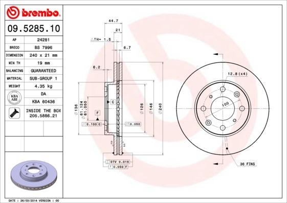 Brembo 09.5285.11 - Тормозной диск www.parts5.com