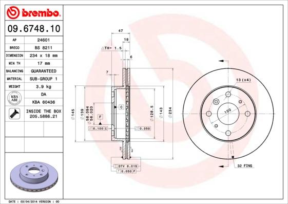 Brembo 09.6748.10 - Féktárcsa www.parts5.com