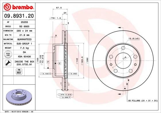 Brembo 09.8931.21 - Brzdový kotúč www.parts5.com