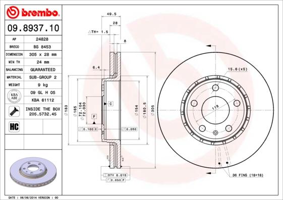 Brembo 09.8937.11 - Тормозной диск www.parts5.com