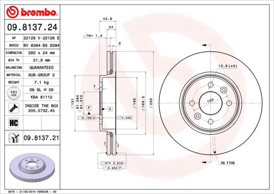 Brembo 09.8137.21 - Tarcza hamulcowa www.parts5.com