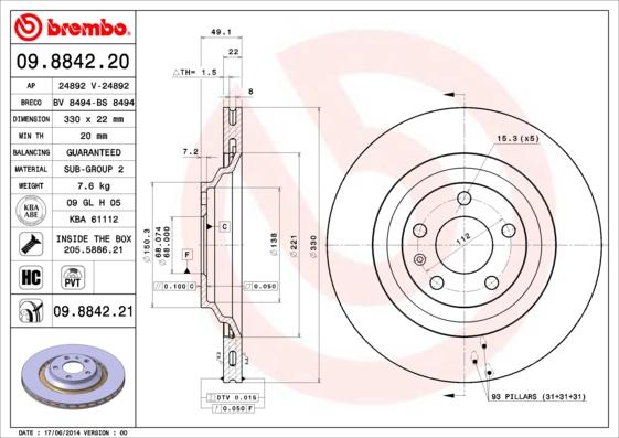 Brembo 09.8842.21 - Brake Disc www.parts5.com