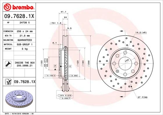 Brembo 09.7628.1X - Brzdový kotúč www.parts5.com