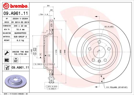 Brembo 09.A961.11 - Brake Disc www.parts5.com