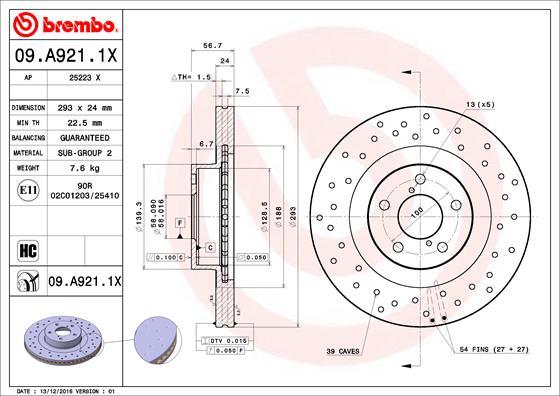 Brembo 09.A921.1X - Δισκόπλακα www.parts5.com