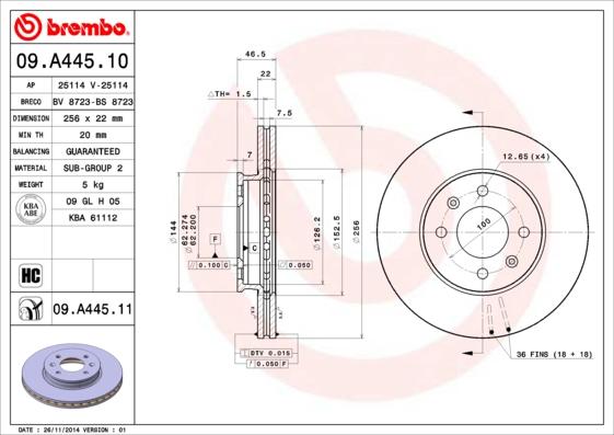 Brembo 09.A445.11 - Тормозной диск www.parts5.com