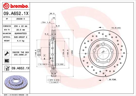 Brembo 09.A652.1X - Disc frana www.parts5.com