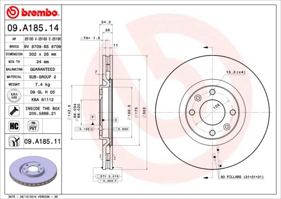 Brembo 09.A185.11 - Brzdový kotúč www.parts5.com