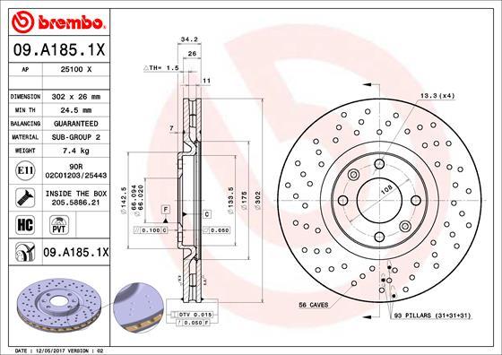 Brembo 09.A185.1X - Brzdový kotúč www.parts5.com