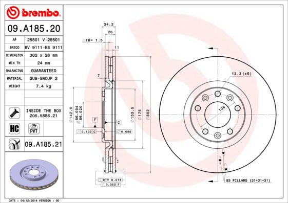 Brembo 09.A185.21 - Disco de freno www.parts5.com