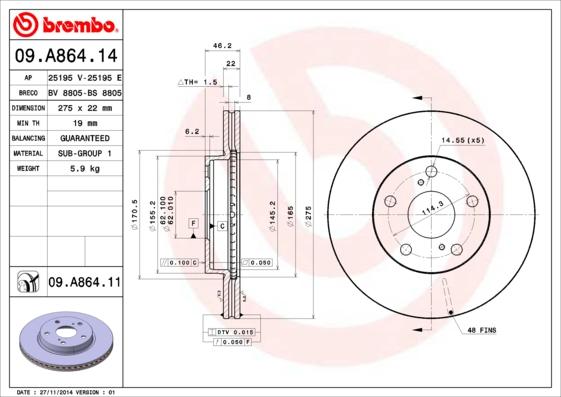 Brembo 09.A864.11 - Kočioni disk www.parts5.com