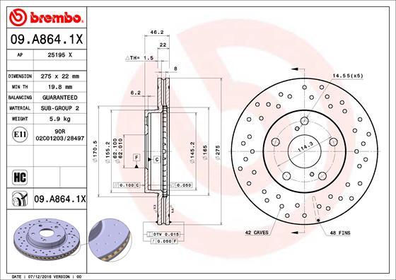 Brembo 09.A864.1X - Kočioni disk www.parts5.com