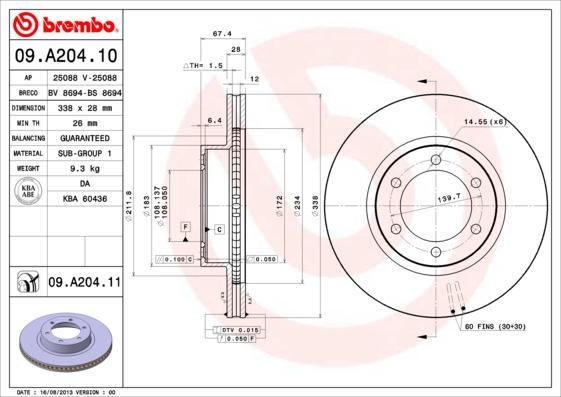 Brembo 09.A204.11 - Brzdový kotúč www.parts5.com