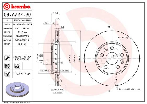 Brembo 09.A727.21 - Δισκόπλακα www.parts5.com