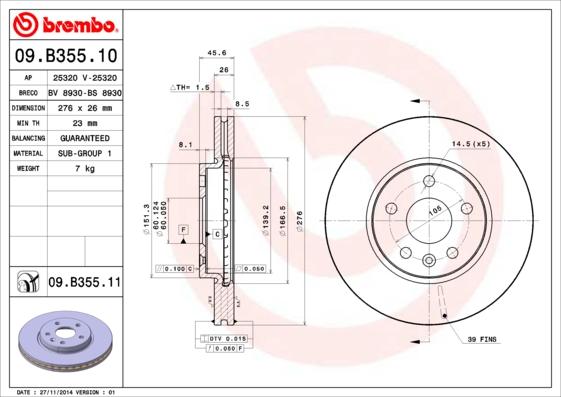 Brembo 09.B355.11 - Brake Disc parts5.com