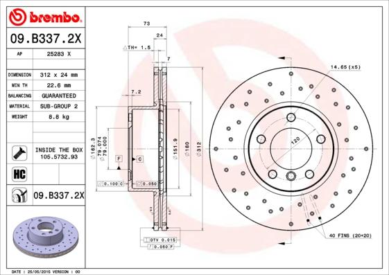 Brembo 09.B337.2X - Disc frana www.parts5.com