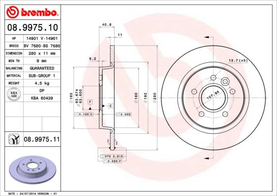 Brembo 08.9975.11 - Brzdový kotúč www.parts5.com