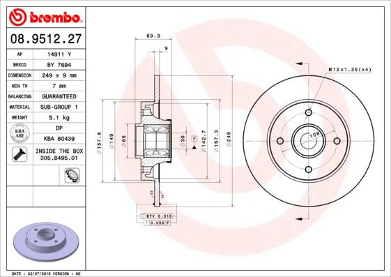 Brembo 08.9512.27 - Zavorni kolut www.parts5.com