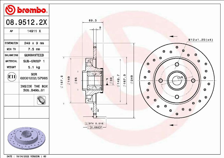 Brembo 08.9512.2X - Disc frana www.parts5.com