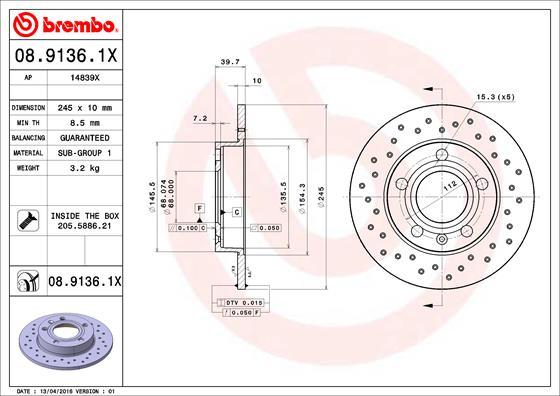 Brembo 08.9136.1X - Féktárcsa www.parts5.com