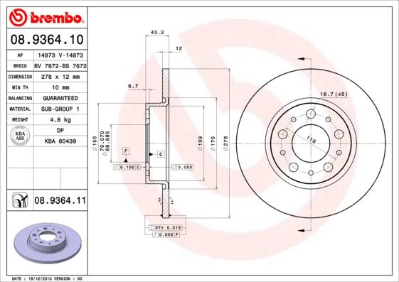 Brembo 08.9364.11 - Тормозной диск www.parts5.com