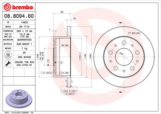 Brembo 08.8094.60 - Тормозной диск www.parts5.com