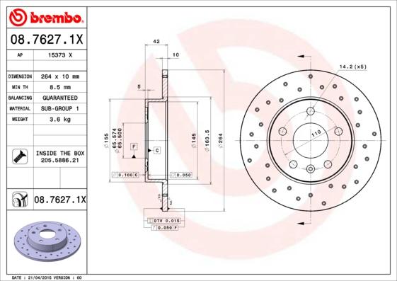 Brembo 08.7627.1X - Brzdový kotúč www.parts5.com