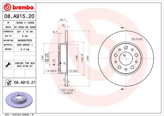 Brembo 08.A915.21 - Тормозной диск www.parts5.com