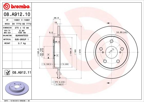 Brembo 08.A912.11 - Tarcza hamulcowa www.parts5.com