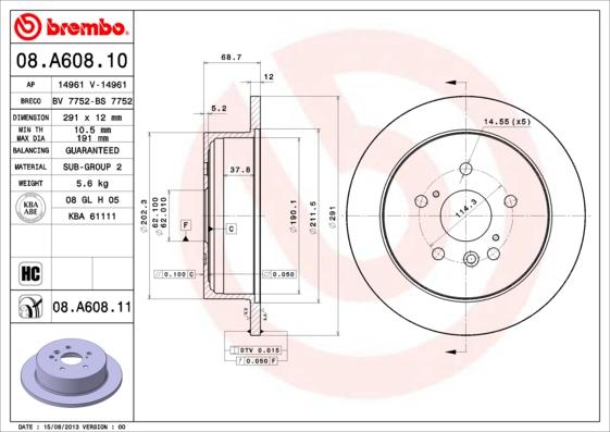 Brembo 08.A608.11 - Тормозной диск www.parts5.com