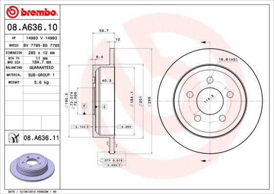 Brembo 08.A636.11 - Тормозной диск www.parts5.com